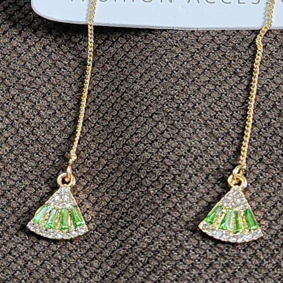 NWT Etsy Green/Gold Crystal Japanese Fan Earrings - Picture 3 of 16